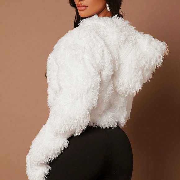 White Preppy Womens Solid Open Front Fuzzy Coat - Picture 2 of 5